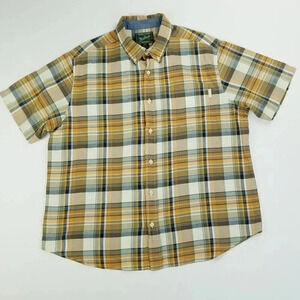 Woolrich XL Mens Button Down Pocket Logo Tag Peach Blue White Plaid Cotton Shirt